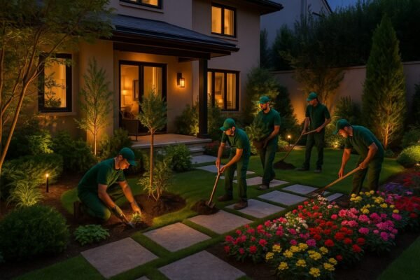 فريق عمل شركة تنسيق حدائق الأحمدي أثناء تنفيذ مشروع