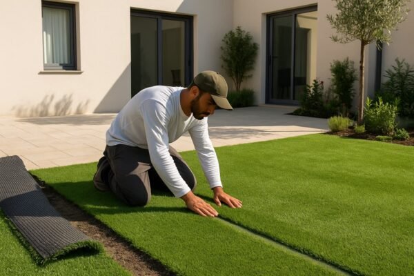 فني يركب ثيل صناعي في حديقة منزلية حديثة بالفروانية