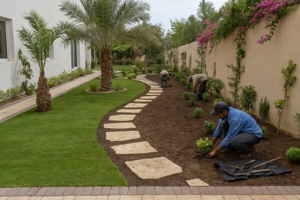 حديقة في حولي أثناء تركيب الثيل الطبيعي