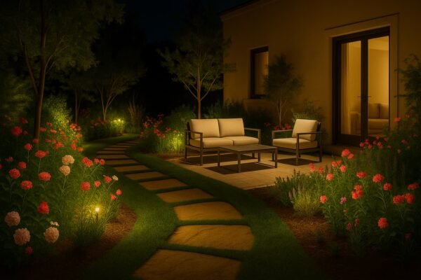 مشهد ليلي لحديقة في الجهراء بإضاءة