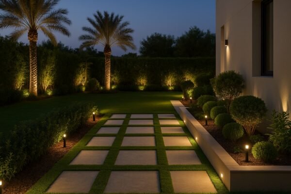حديقة منزلية عصرية في الكويت بإضاءة ليلية هادئة