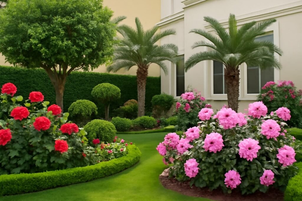 حديقة منزلية تحتوي على أشجار الزينة وورود ونخيل صناعي