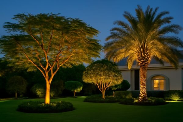 أشجار زينة مضاءة في حديقة منزلية بالكويت