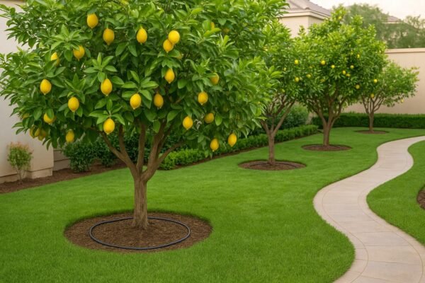 حديقة منزلية تحتوي على أشجار ليمون مثمرة مع نظام ري بالتنقيط