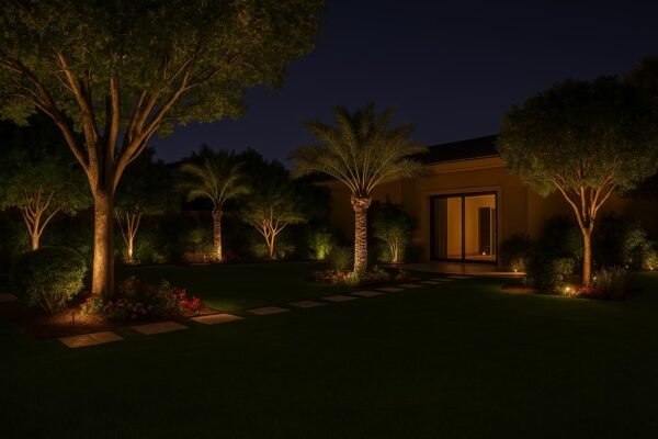 حديقة منزلية كويتية مضاءة ليلاً بتوزيع مميز للإضاءة