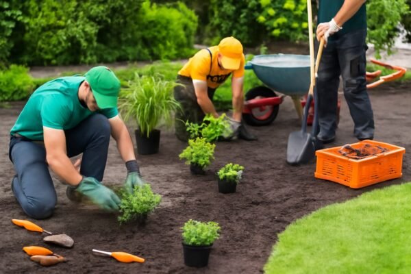 فريق عمل أثناء تركيب النباتات في حديقة، مع أدوات العمل والمعدات المتخصصة