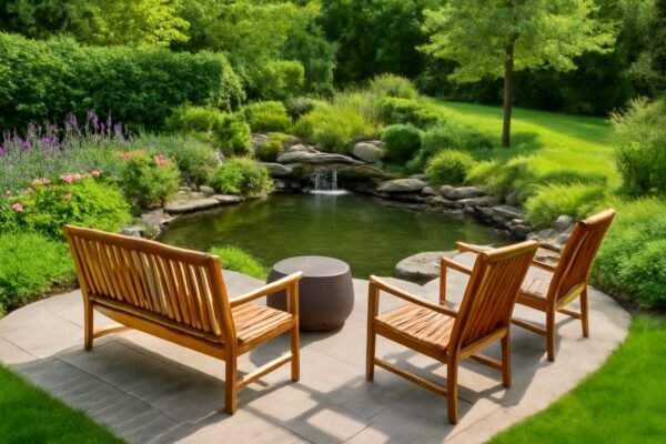 حديقة جميلة مع منطقة جلوس وأماكن مائية في الهواء الطلق