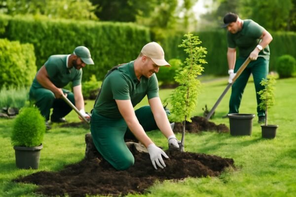 فريق عمل يزرع الأشجار الصغيرة في حديقة