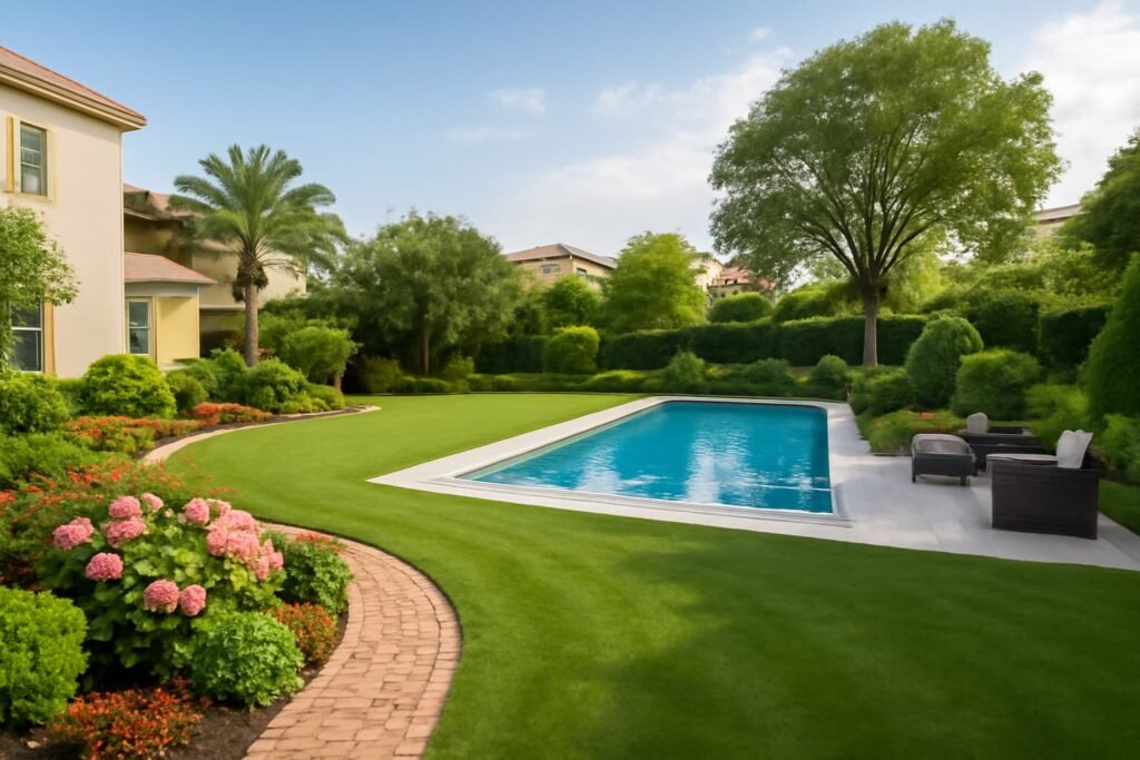 تنسيق حدائق القادسيه بالكويت حديقة كبيرة ومنسقة في القادسية بالكويت تحتوي على مسبح ومساحات خضراء واسعة