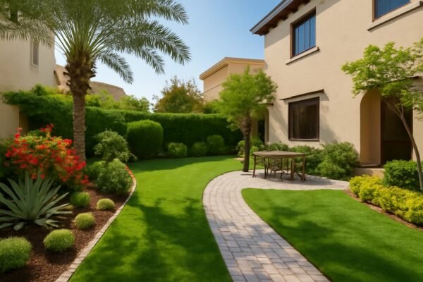 حديقة منزلية منسقة في منزل بالقادسية بالكويت مع مسار حجري وأشجار ونباتات صحراوية