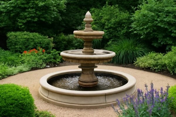 نافورة مائية صغيرة تضيف لمسة من الرفاهية في الحديقة، مع نباتات حولها