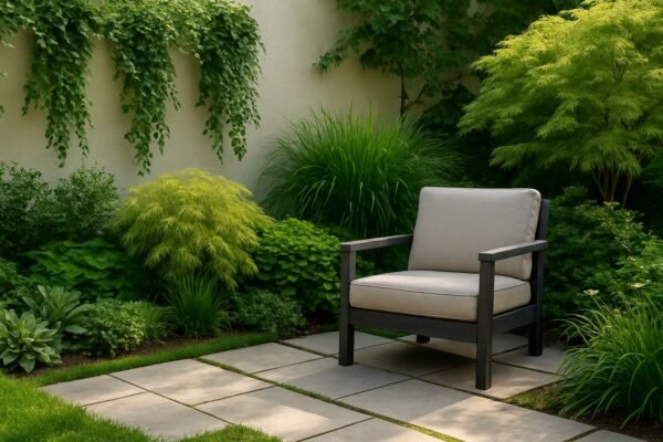 كرسي استرخاء داخل زاوية حديقة خضراء