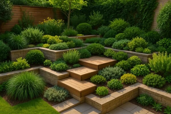 حديقة بمنصات خشبية حجرية متدرجة