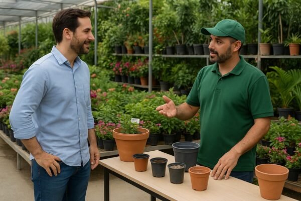 عميل يتحدث مع فني حدائق في مشتل بالكويت بجانب طاولة عليها أصص تربة