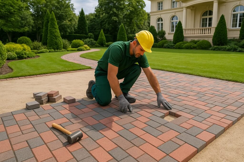 تركيب بلاط متداخل فني يركّب بلاط متداخل داخل ساحة حديقة فاخرة