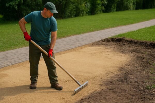 عامل تجهيز أرضية قبل تركيب بلاط متداخل في حديقة بالكويت