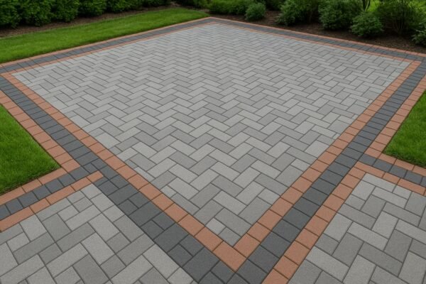 تصميم هندسي لسطح خارجي باستخدام بلاط متداخل بألوان متناسقة