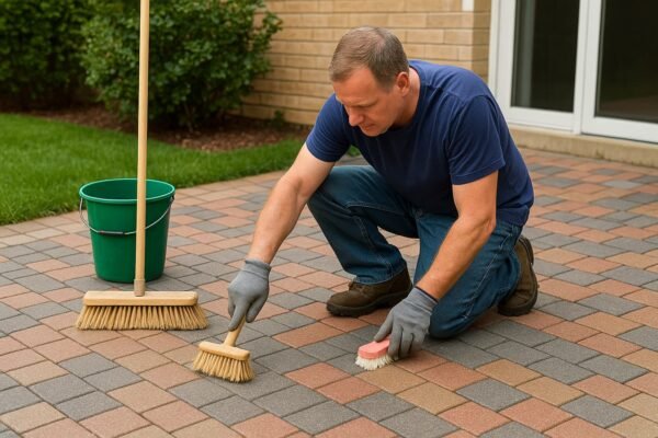 شخص ينظف بلاط متداخل في فناء المنزل باستخدام فرش وأدوات تنظيف بسيطة