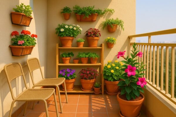 بلكونة أفقية مزروعة بأصص نباتات زينة وأزهار ملونة مع كراسي للجلوس