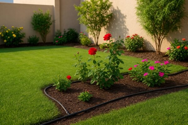 حديقة منزلية في الكويت بثيل أخضر ونظام ري بالتنقيط حول الشجيرات
