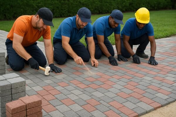 فنيون يرصّون البلاط المتداخل ويملؤون الفواصل بدقة في مساحة خارجية بالكويت