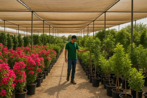 مشتل في الكويت يضم صفوفًا من الجهنمية وأشجار ظل مع فني حديقة يفحص الشتلات