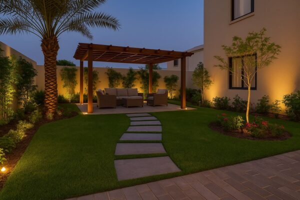 حديقة منزلية بممر حجري وجلسة تحت برجولة