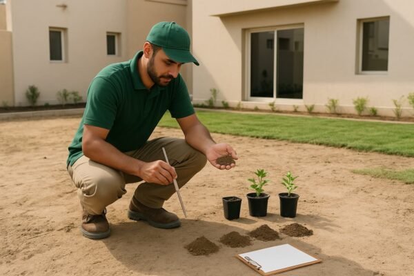 فني حدائق في الكويت يفحص تربة حديقة منزلية