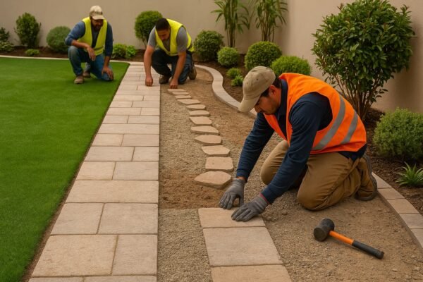 فريق عمل يركب ممرًا حجريًا فوق طبقة حصى ورمل في حديقة منزلية بالكويت