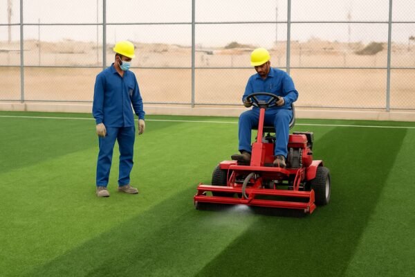 عمال ينظفون أرضية ملعب ثيل صناعي في الكويت