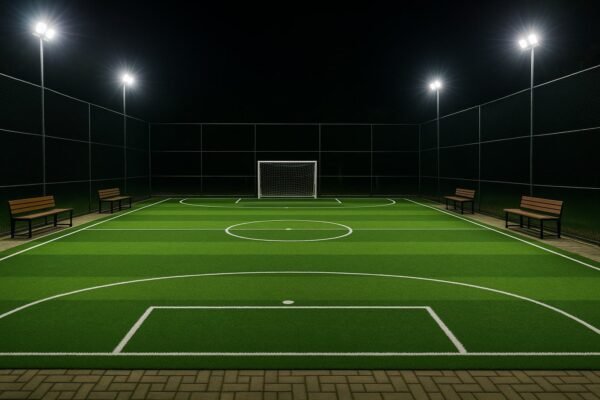 ملعب كرة قدم خماسي بثيل صناعي مضاء ليلاً