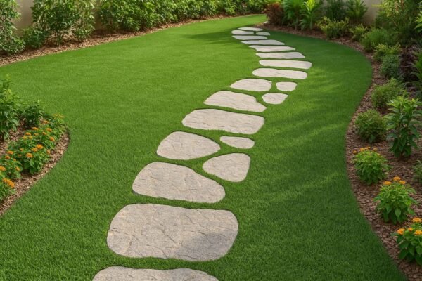 ممر أحجار متعرجة وسط ثيل صناعي في حديقة كويتية