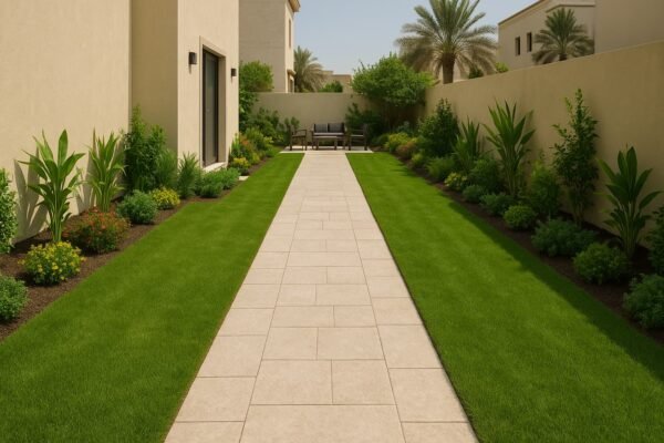 ممر حديقة مستقيم من بلاط حجري فاتح وسط ثيل ونباتات في منزل كويتي