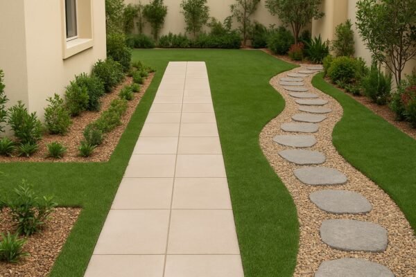 حديقة منزلية تضم ممرًا مستقيمًا من البلاط وآخر متعرج من الحصى بالكويت