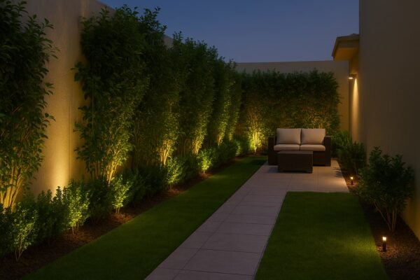 جدار نباتي مع إنارة خلفية وجلسة هادئة