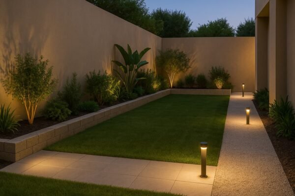 حديقة قليلة الصيانة بممر جانبي وإضاءة بسيطة