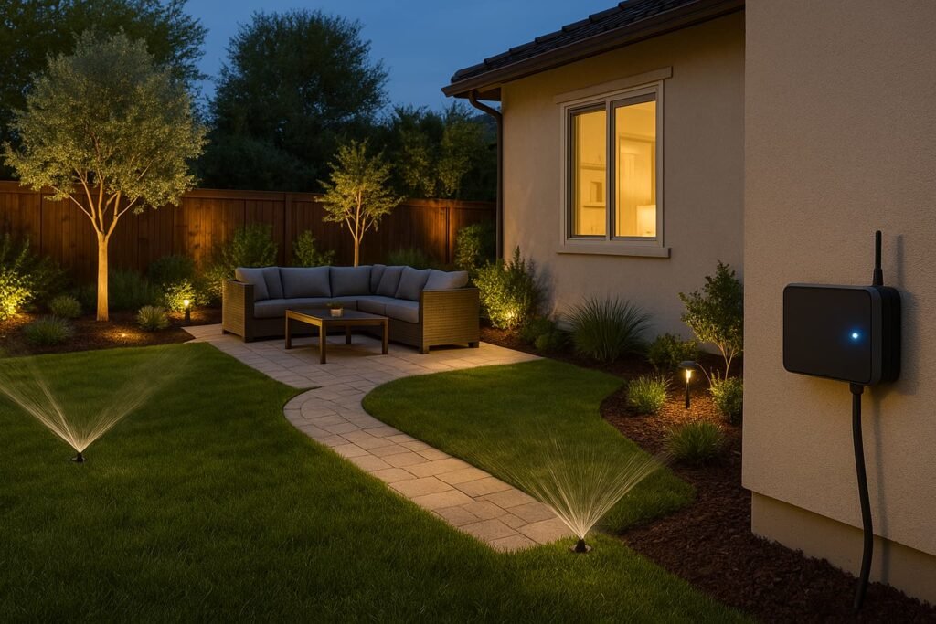 حديقة منزلية مضاءة مع نظام ري ذكي بالكويت