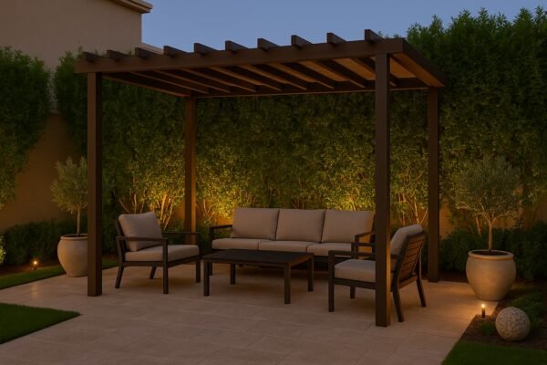 جلسة خارجية كويتية أنيقة تحت برجولا