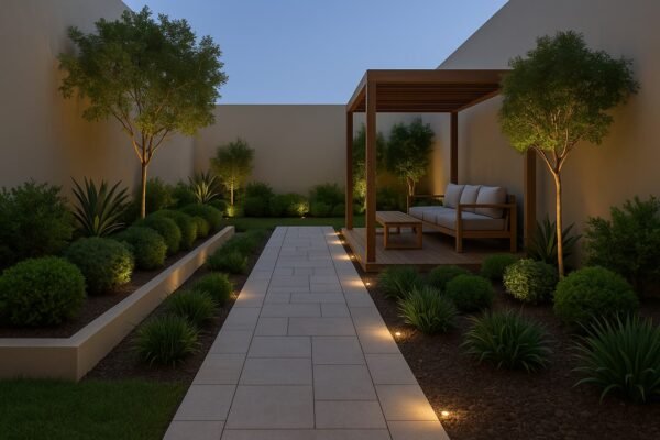 حديقة منزل كويتية عصرية بممر حجري