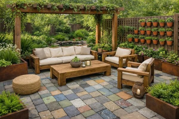 حديقة منزلية مع أثاث خشبي وبلاط ملون