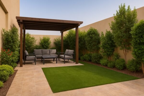 جلسة خارجية تحت برجولة في حديقة منزلية بالكويت