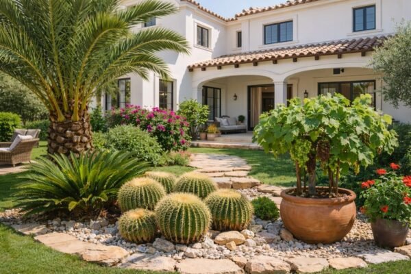 حديقة منزلية داخل فيلا بتصميم متوسطي مع نباتات متنوعة ومسار حجري