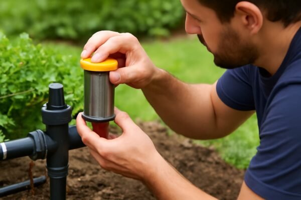 فني يقوم بفحص وتنظيف فلتر شبكة ري في حديقة