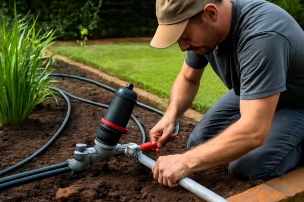 فني يقوم بتركيب أنابيب وفلاتر شبكة ري في حديقة