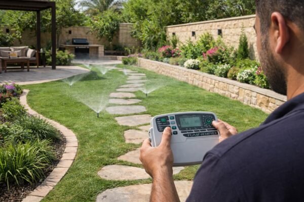 فني يختبر مناطق الري في حديقة بالخالدية مع رشاشات تعمل بتغطية متساوية