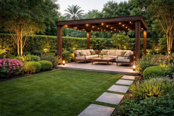 جلسة خارجية بالشامية ببرجولة خشبية وإضاءة دافئة