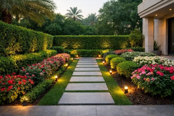 حديقة أمامية بالشامية بطبقات نباتية وممر حجري مضاء