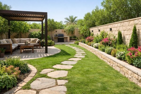 حديقة فيلا بالخالدية بتقسيم مناطق وجلسة مظللة