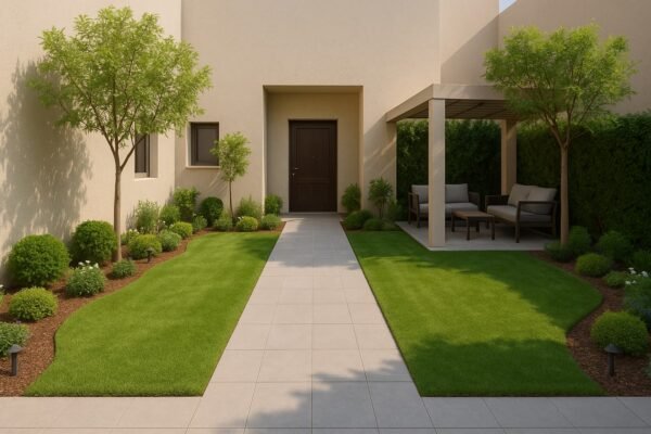 حديقة منزلية في المرقاب بممر مستقيم وجلسة مظللة