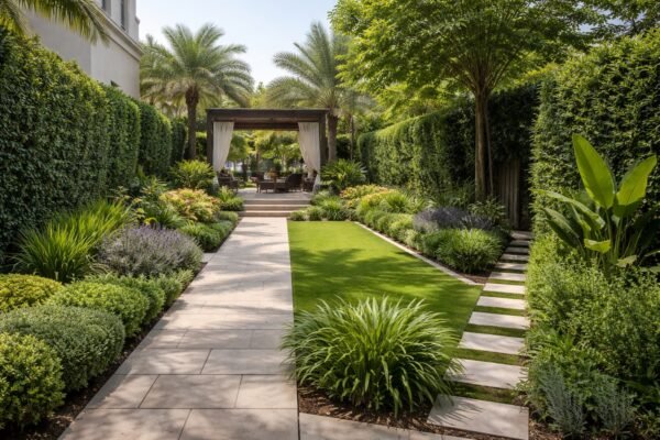ممر رئيسي أنيق في حديقة فيلا بالفيحاء مع جلسة مظللة ومسار خدمة جانبي